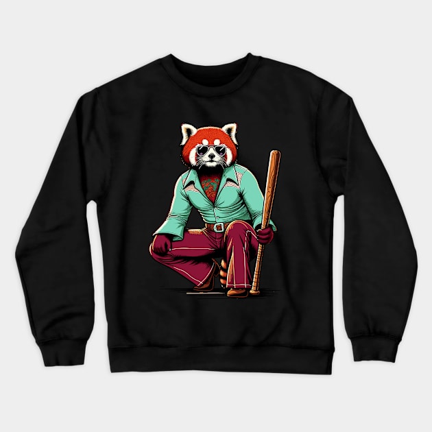 Retro Rebel: 70s Fashion Red panda with baseball batters Crewneck Sweatshirt by TimeWarpWildlife